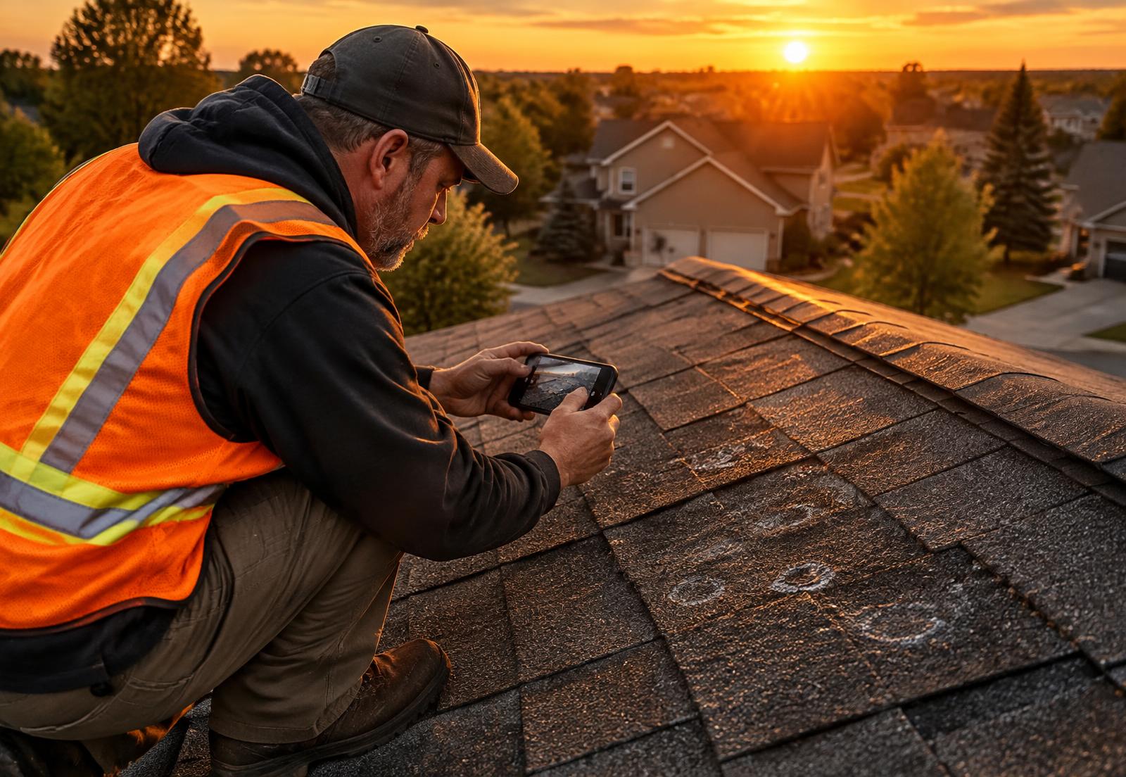 Roof inspector photographing hail damage at sunset